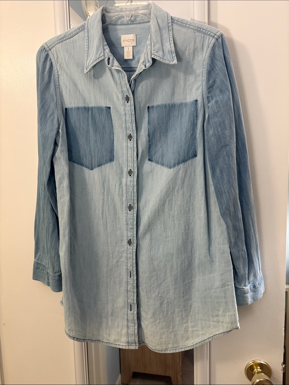 Chico's Light Wash Denim Button-Down Shirt with Contrast Pockets